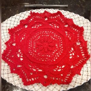 Scarlet Red Lace Doily - Handmade